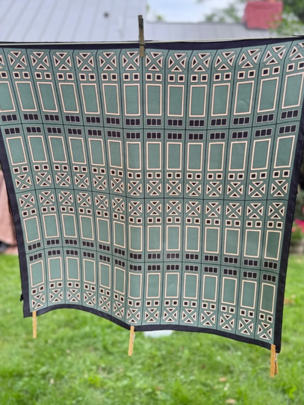 Vintage Silk Scarf 32 in Square Geometric Sage Green Beige Black Korea Excellent